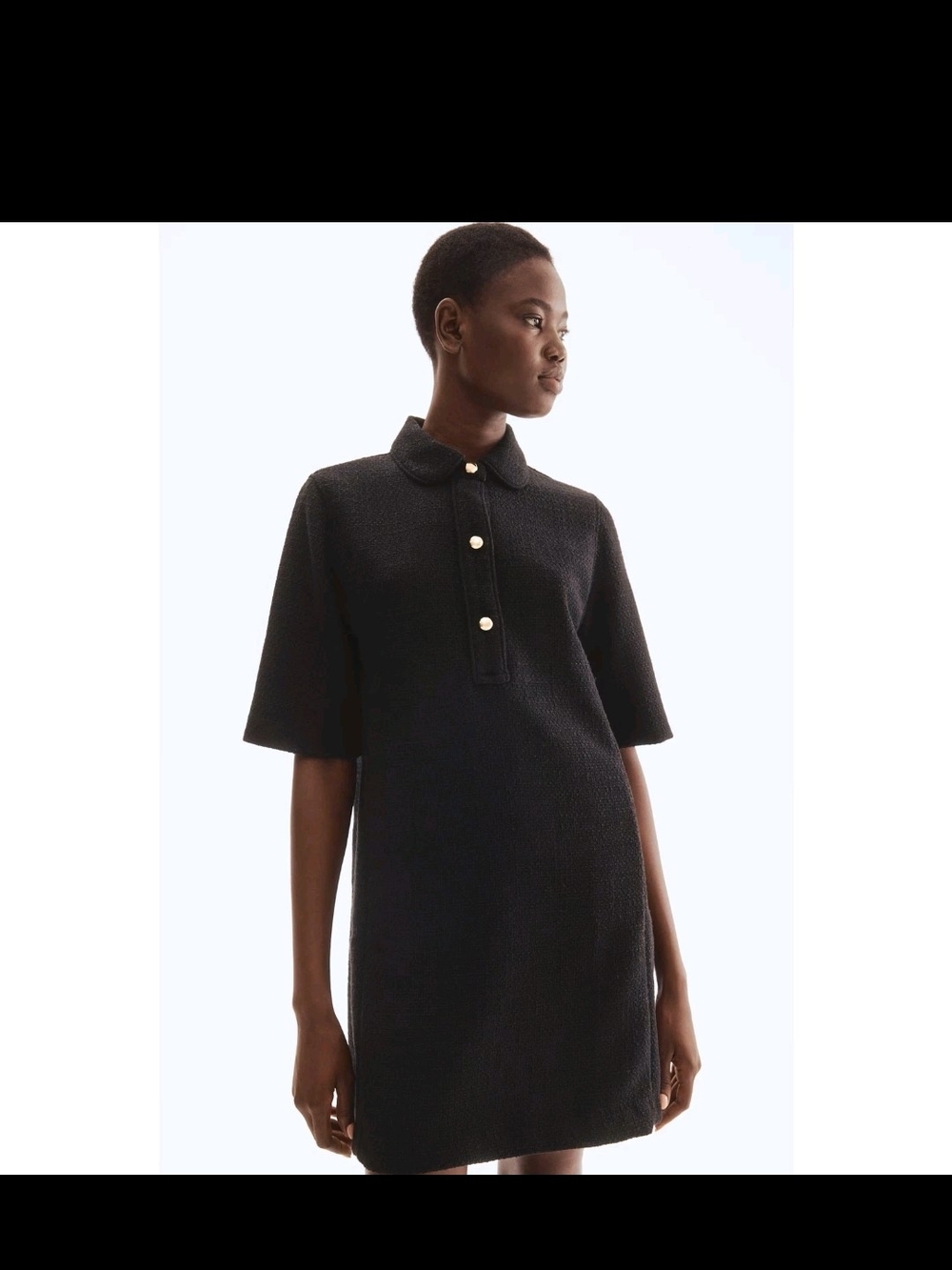 Tweed Black Short-Sleeve Polo Shift Dress with Gold Buttons
